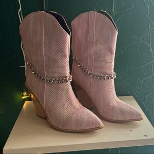 Chic Pink Alligator Print Heeled Boots with Chain Accent